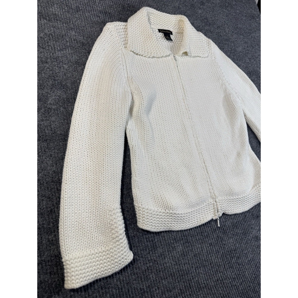 Sydney Easton White Collared Full Zip Knit Cardigan Sweater M 100% Cotton Women - Picture 4 of 7